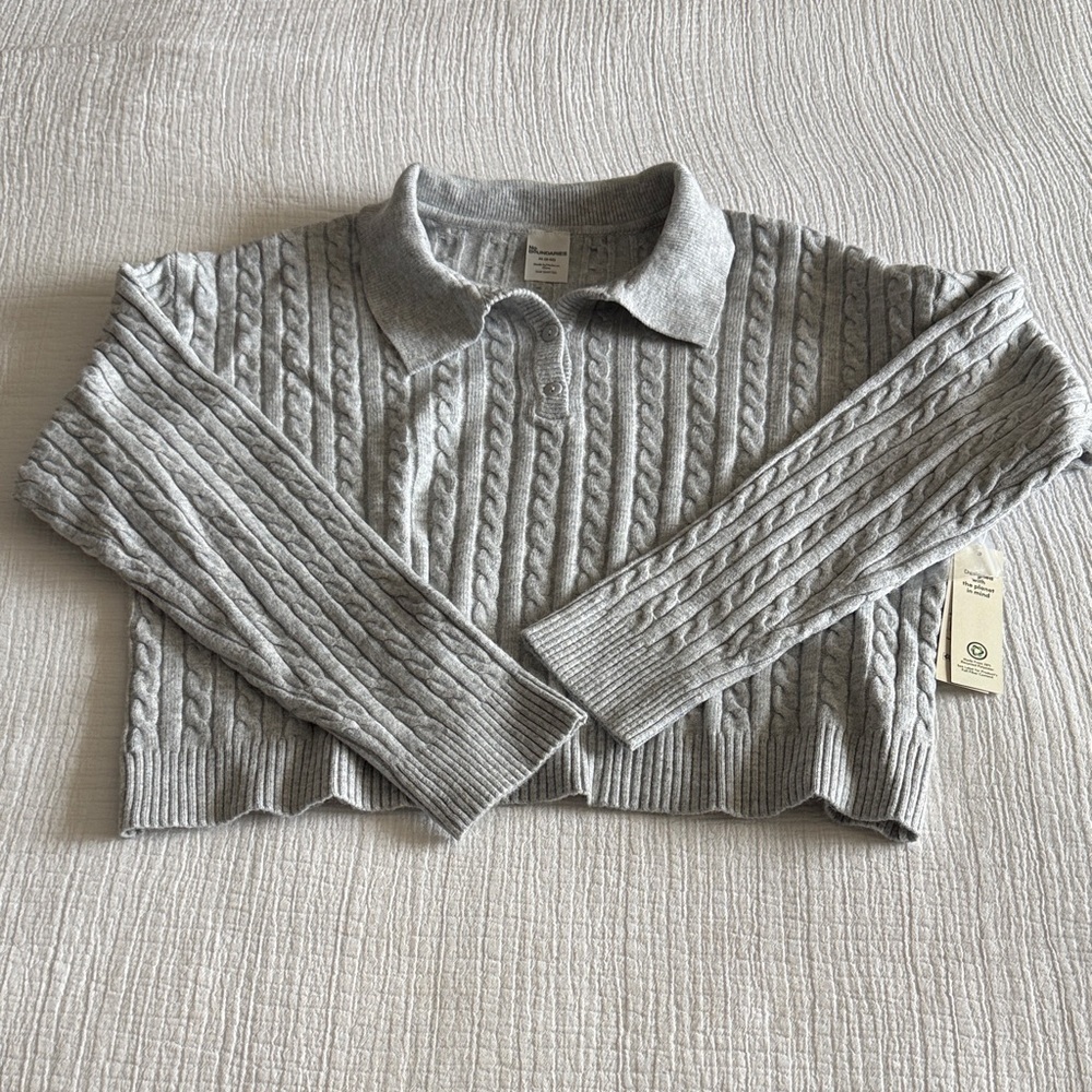 No Boundaries Light Gray Cable-Knit Polo Sweater / M